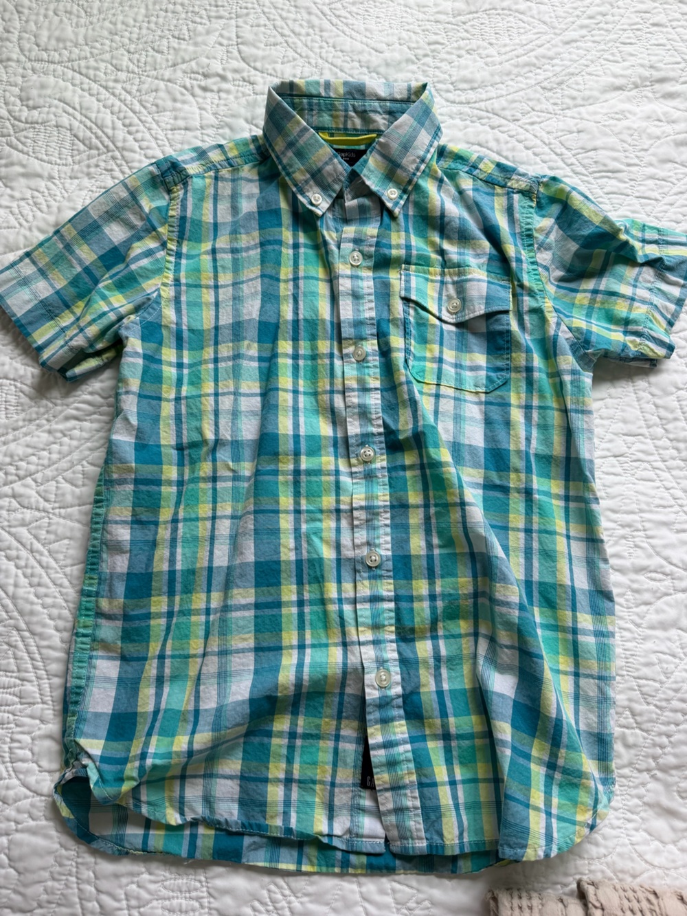 GAP Plaid Short-Sleeve Shirt in Teal, Aqua & Lime